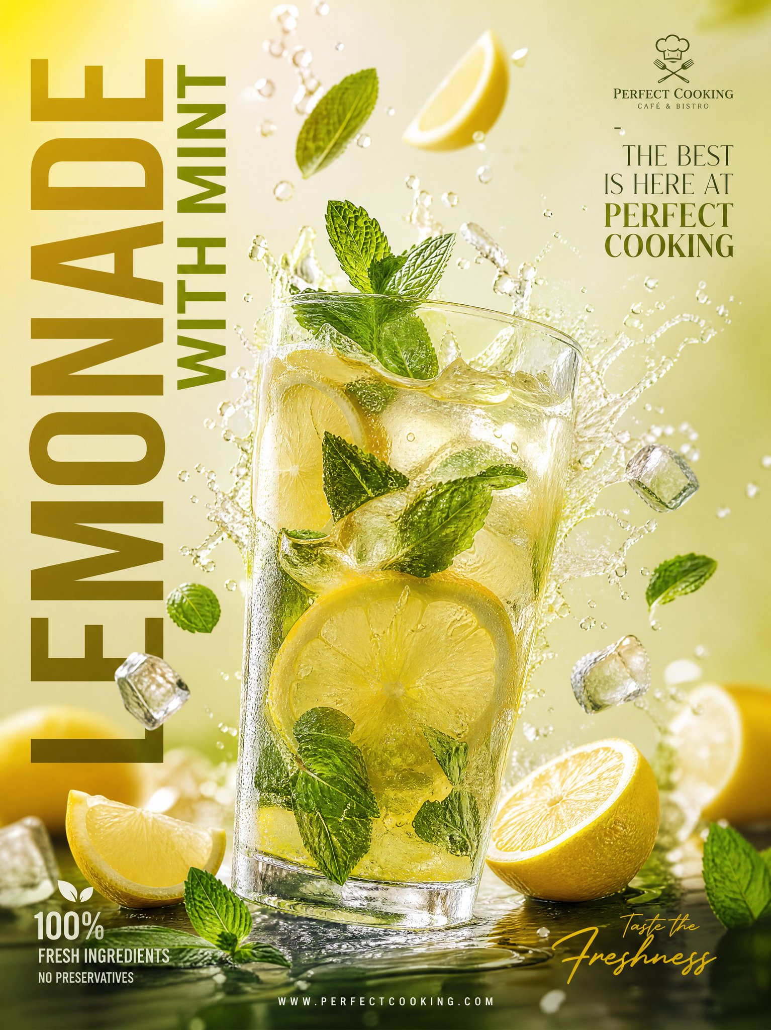 极简奢华柠檬薄荷饮品商业海报设计 / Ultra Realistic Premium Lemonade Advertisement Poster，UI 与社交媒体截图，电影感、海报、UI，案例输出图 1