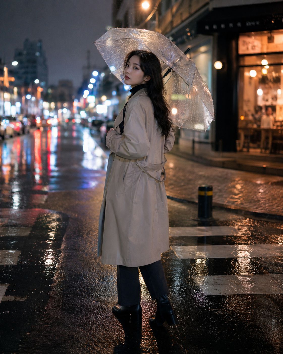都市雨夜米色風衣少女回眸 / Chinese Woman Rainy Night Street Photography,人像与摄影,35mm、霓虹、人像,案例输出图 1