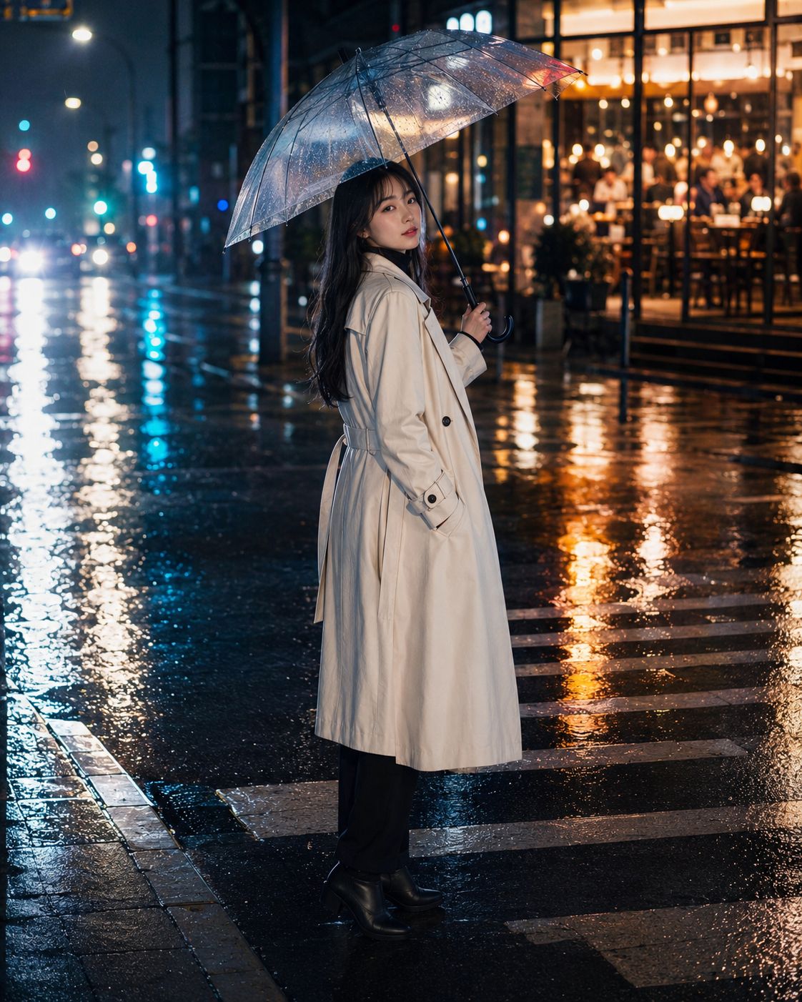 都市雨夜米色風衣少女回眸 / Chinese Woman Rainy Night Street Photography，人像与摄影，35mm、霓虹、人像，案例输出图 2