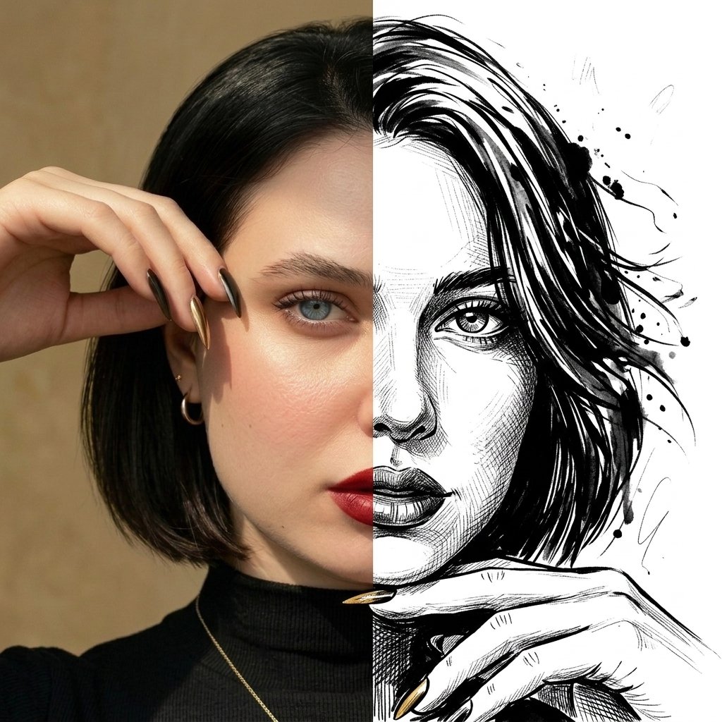 半颜写实与水墨手绘双重风格人像 / Split Face Realism Ink Illustration Portrait,人像与摄影,人像、时尚、插画,案例输出图 1