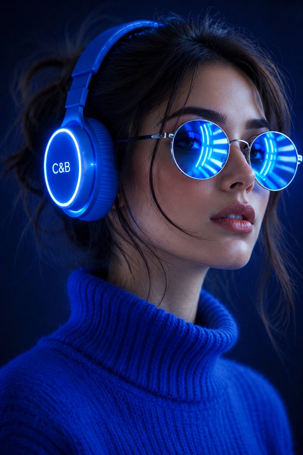 赛博朋克霓虹绿发光耳机少女肖像 / Cyberpunk Neon Green Headphone Girl Portrait，人像与摄影，霓虹、人像、电影感，案例输出图 2