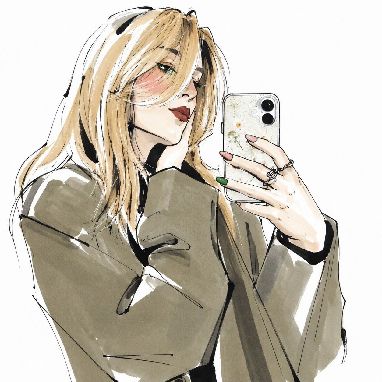 廓形西装金发美女时尚插画 / Fashion Illustration Oversized Blazer Mirror Selfie Anime Style，角色设计，人像、时尚、插画，案例输出图 2