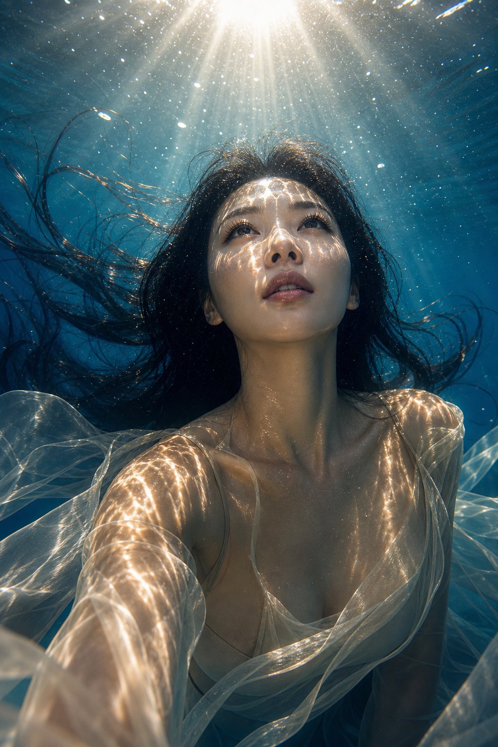 超写实东方美女水下时尚大片 / Hyper Realistic Oriental Beauty Underwater Fashion Portrait，人像与摄影，人像、电影感、时尚，案例输出图 2