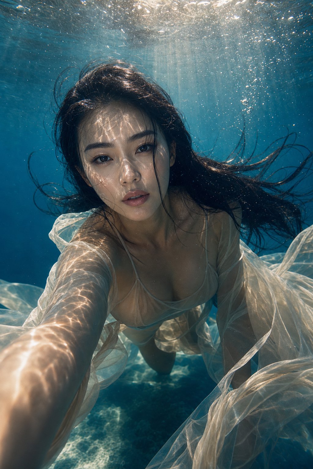 超写实东方美女水下时尚大片 / Hyper Realistic Oriental Beauty Underwater Fashion Portrait,人像与摄影,人像、电影感、时尚,案例输出图 1