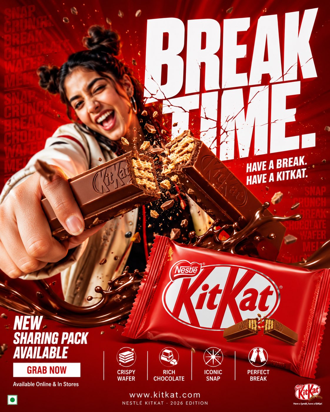 奇巧巧克力商业摄影海报提示词 / Kitkat Commercial Chocolate Campaign Poster Prompt，人像与摄影，人像、海报、城市视觉，案例输出图 1
