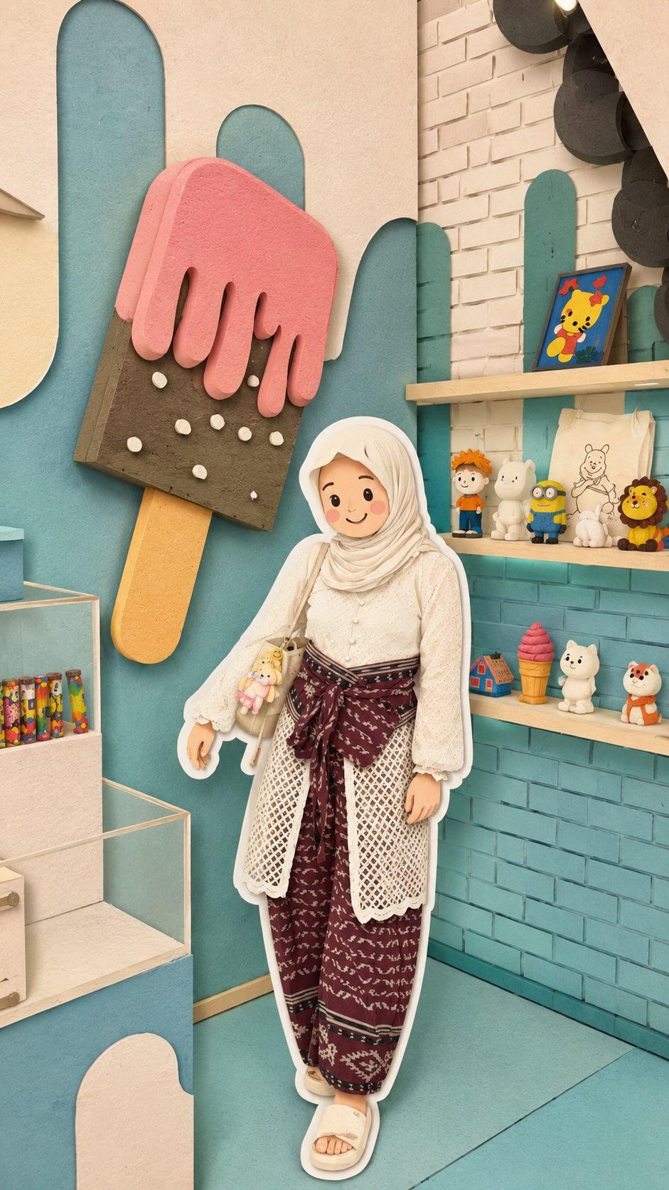 治愈系可爱穆斯林女孩剪纸风摄影 / Cute Kawaii Muslim Characters Pastel Cafe Photography，角色设计，电影感、时尚、插画，案例输出图 1