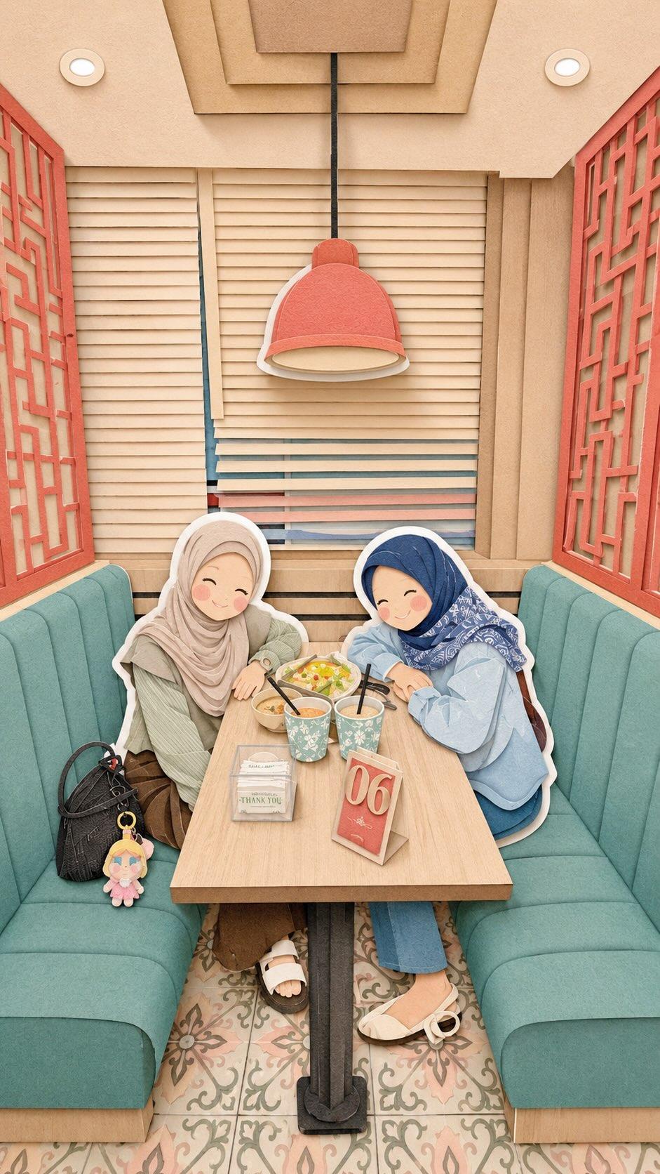 治愈系可爱穆斯林女孩剪纸风摄影 / Cute Kawaii Muslim Characters Pastel Cafe Photography，角色设计，电影感、时尚、插画，案例输出图 2