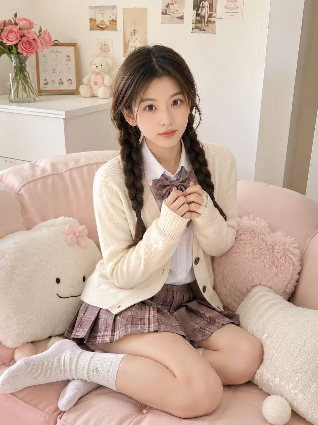 室内写真和风校园少女双马尾人像 / Realistic Japanese Schoolgirl Indoor Portrait，角色设计，人像、插画、角色，案例输出图 1