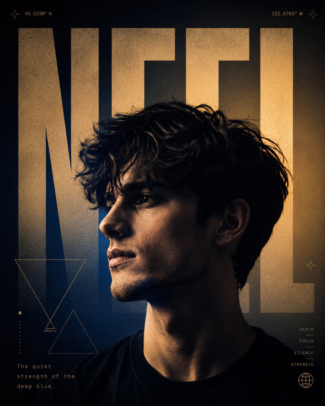 现代奢华蓝金光影人像排版海报 / Luxury Editorial Typography Portrait Poster,人像与摄影,人像、电影感、时尚,案例输出图 1