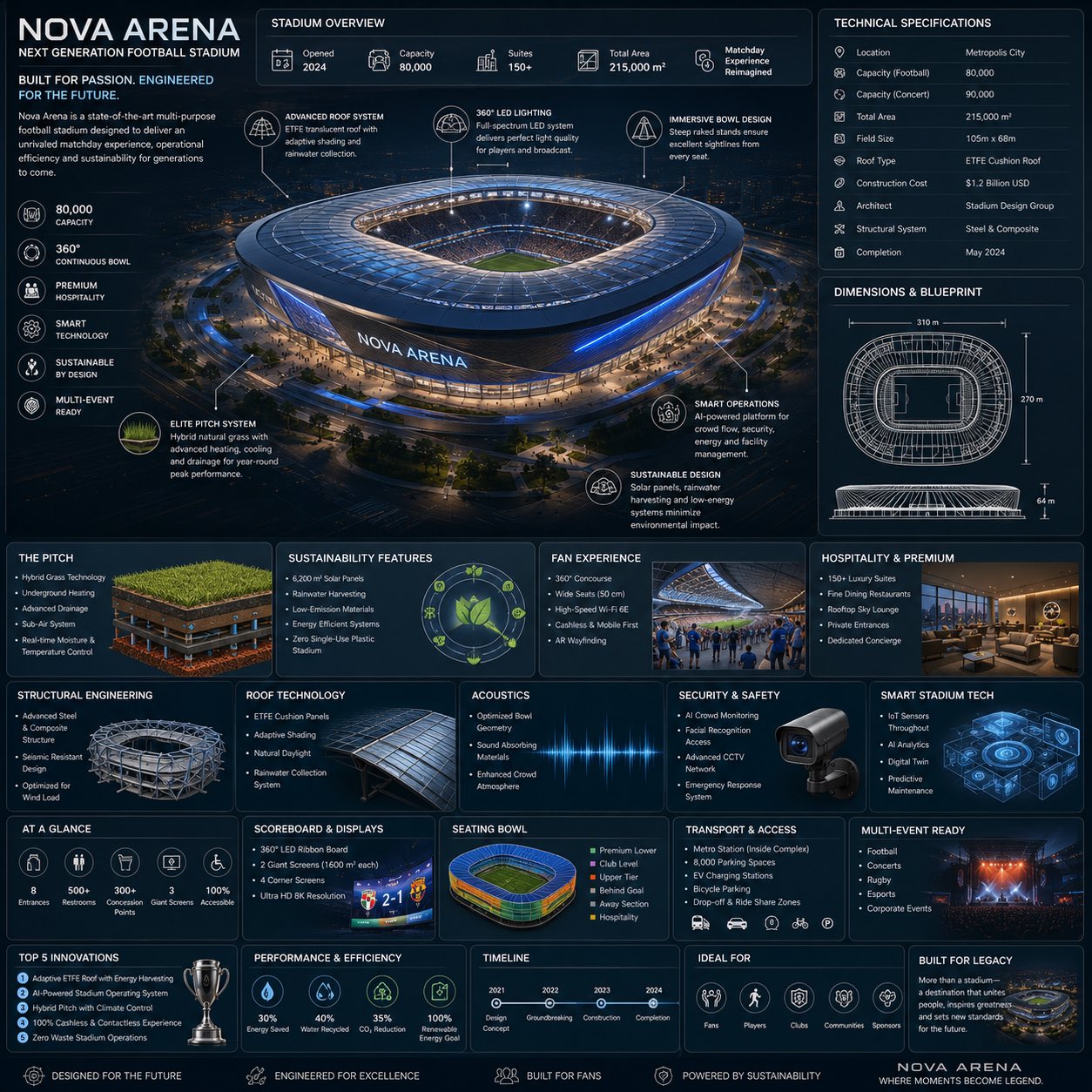 现代体育场建筑工程手册信息图 / Futuristic Football Stadium Architecture Infographic，人像与摄影，霓虹、人像、电影感，案例输出图 1