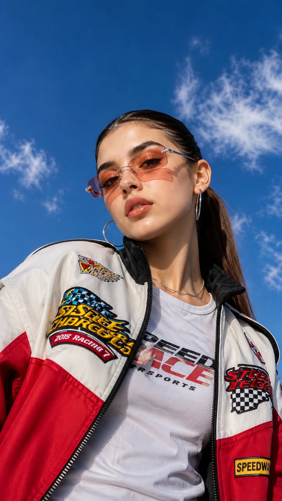 复古赛车夹克酷飒少女广角人像 / Vintage Racing Jacket Baddie 90s Aesthetic Portrait,人像与摄影,人像、插画、极简,案例输出图 1