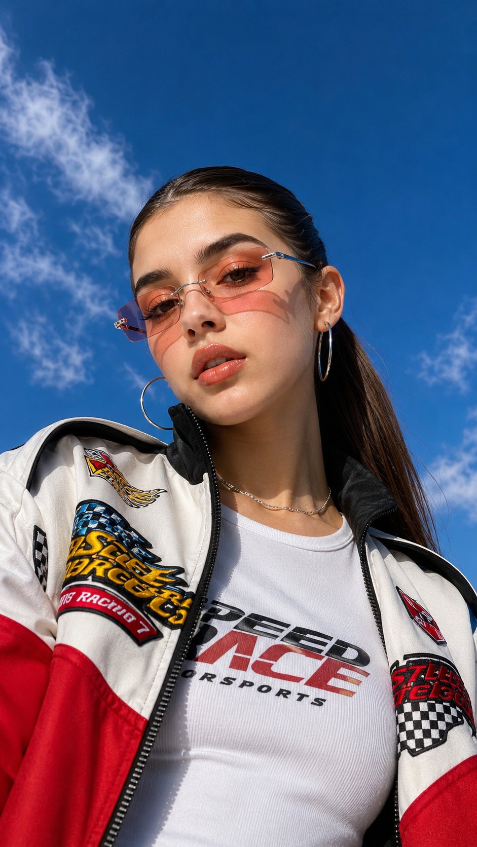 复古赛车夹克酷飒少女广角人像 / Vintage Racing Jacket Baddie 90s Aesthetic Portrait，人像与摄影，人像、插画、极简，案例输出图 2