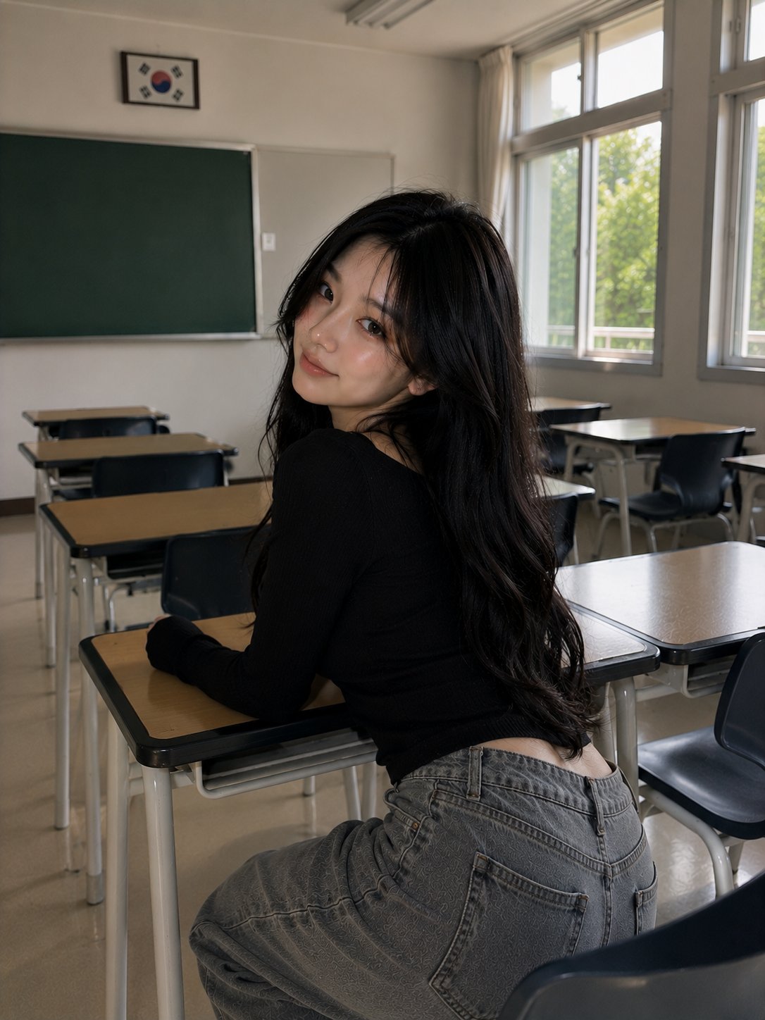 韩国教室窗边唯美女性肖像 / Ultra Realistic Korean Woman Classroom Portrait，人像与摄影，人像、电影感、时尚，案例输出图 2