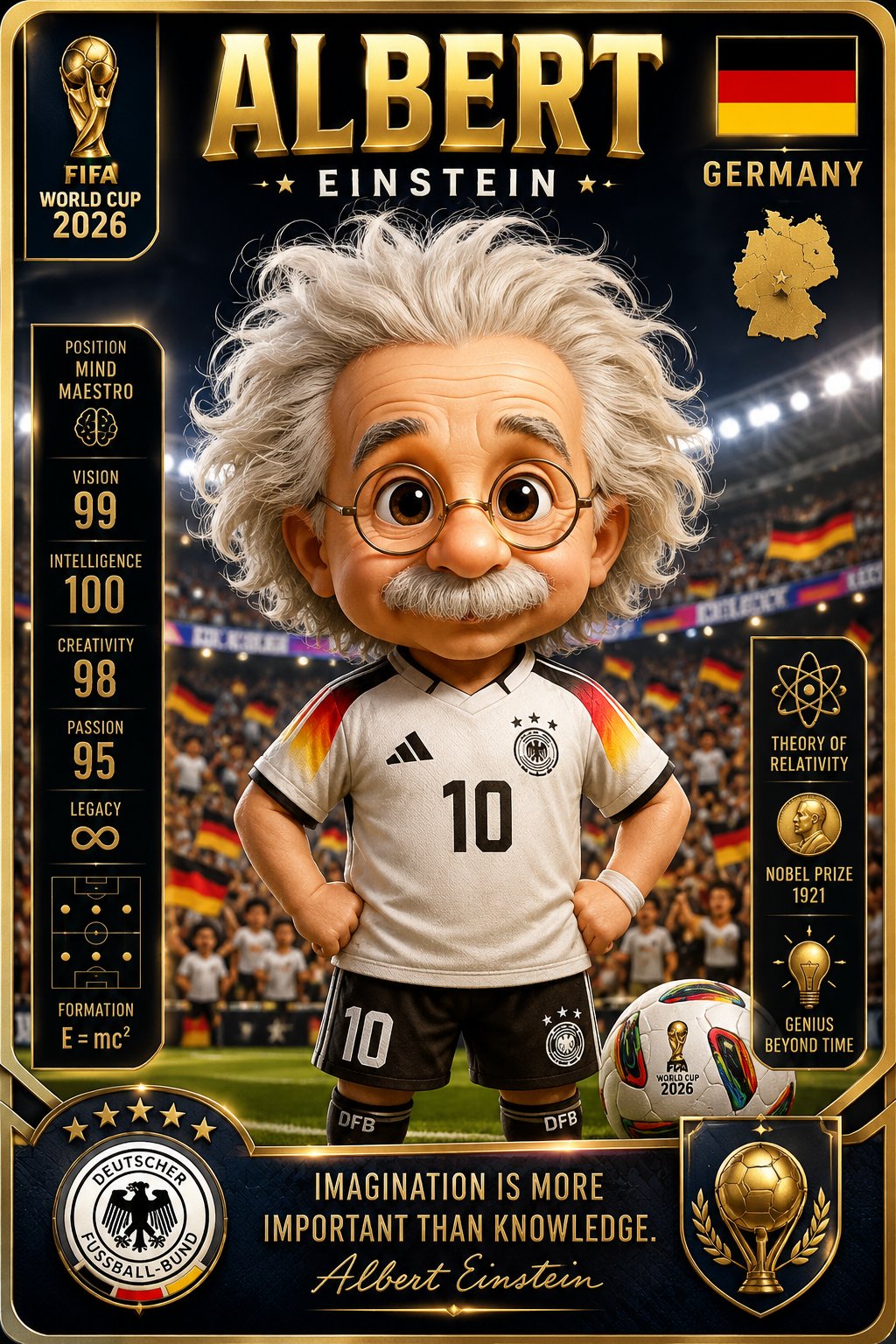 爱因斯坦德国队3D萌系球星收藏卡 / Albert Einstein Germany 3d Chibi Football Sticker，角色设计，电影感、角色、二次元，案例输出图 1