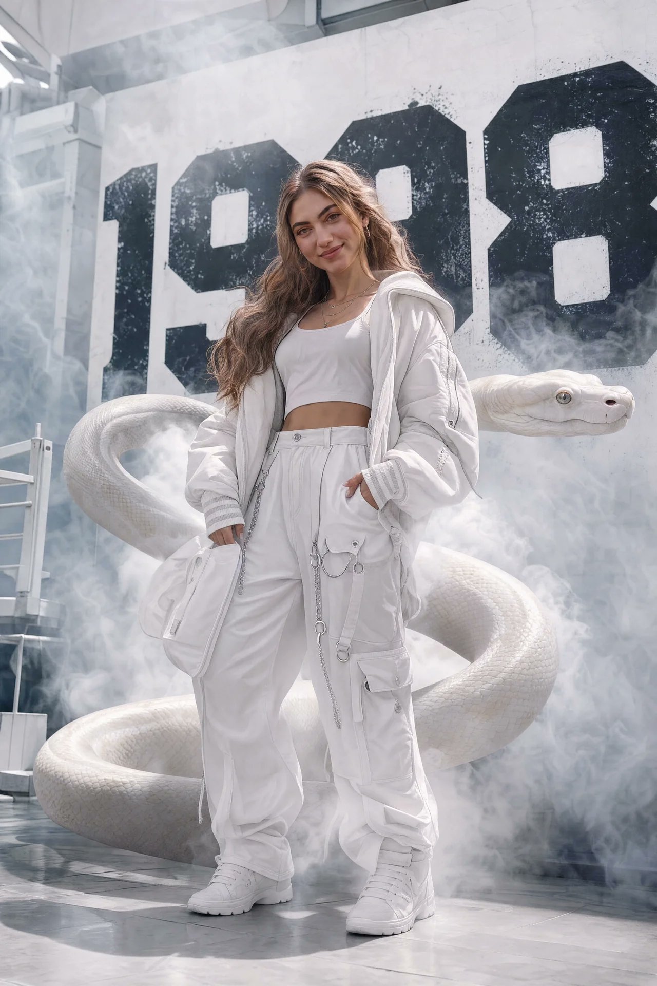奢华白金街头风蟒蛇人像时尚大片 / Luxury White Streetwear Albino Python Editorial Portrait，角色设计，人像、电影感、时尚，案例输出图 1