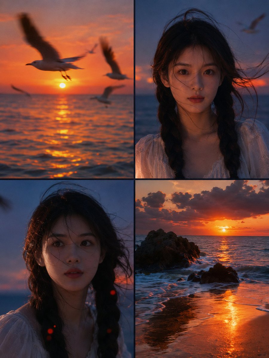 胶片感海边日落电影感人像拼贴 / Cinematic Seaside Sunset Analog Film Collage，角色设计，35mm、人像、电影感，案例输出图 1