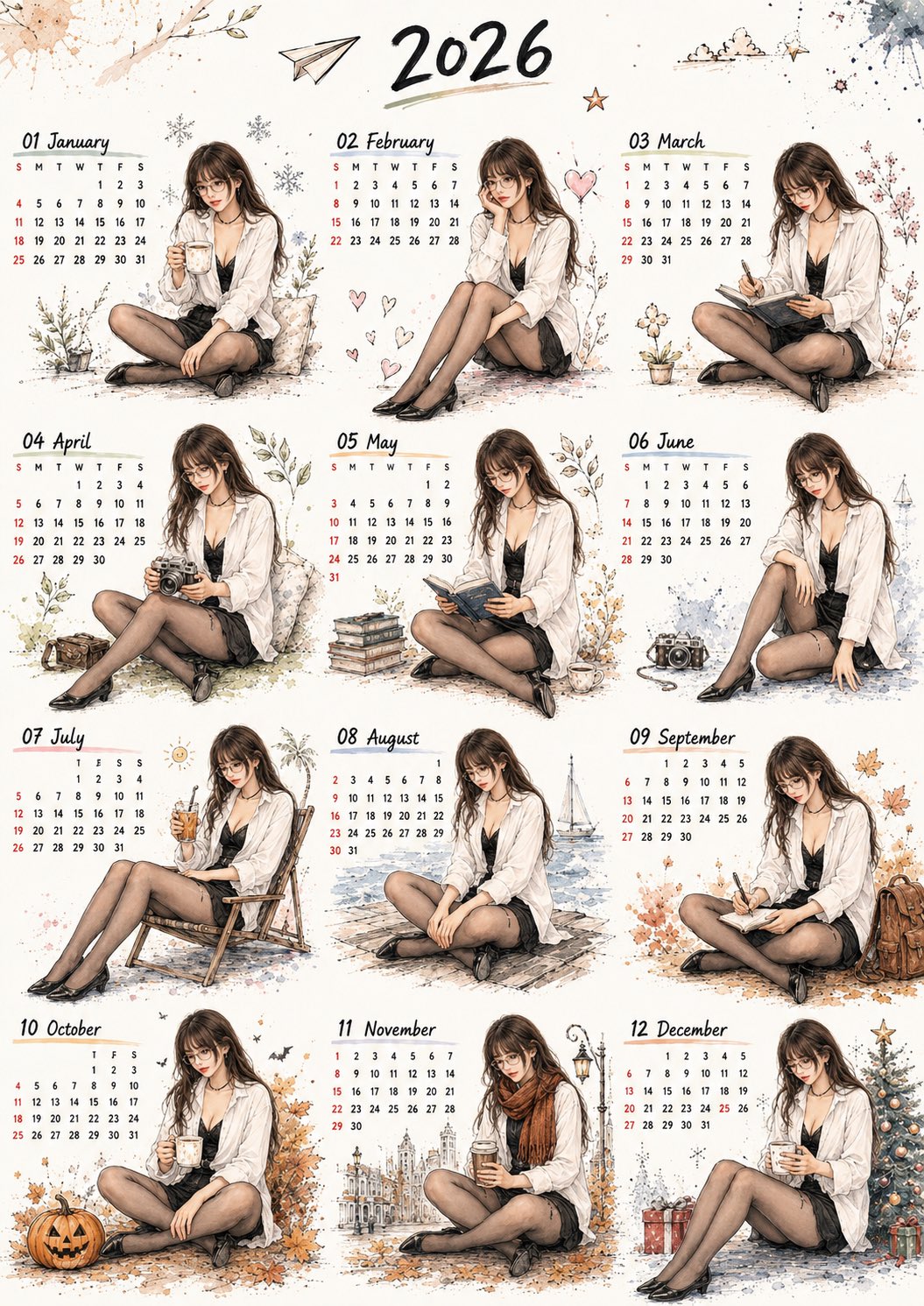 2026年手绘水彩治愈系全年月历海报 / 2026 Watercolor Healing Journal Full Year Calendar Poster,角色设计,海报、插画、角色,案例输出图 1