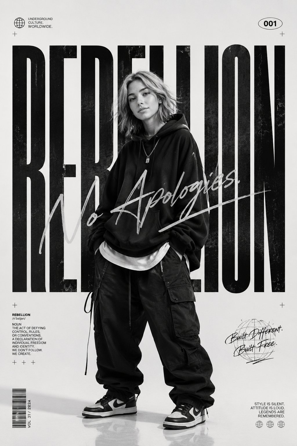 黑白街头潮流极简时尚海报设计 / Monochrome Streetwear Editorial Poster,人像与摄影,人像、电影感、时尚,案例输出图 1