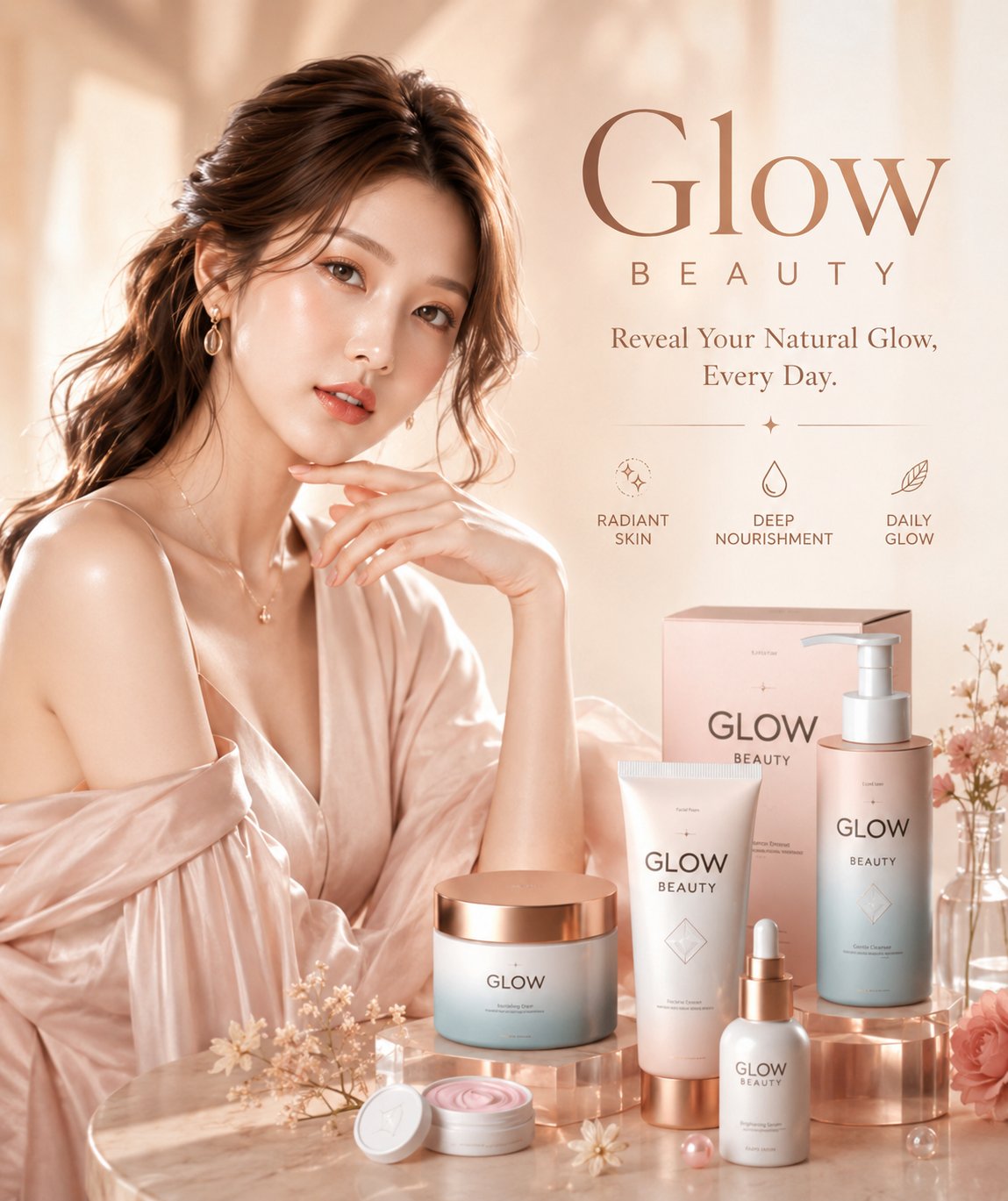 奢华护肤美妆广告海报粉金高级质感 / Ultra Luxury Skincare Beauty Campaign Poster，人像与摄影，人像、电影感、时尚，案例输出图 1