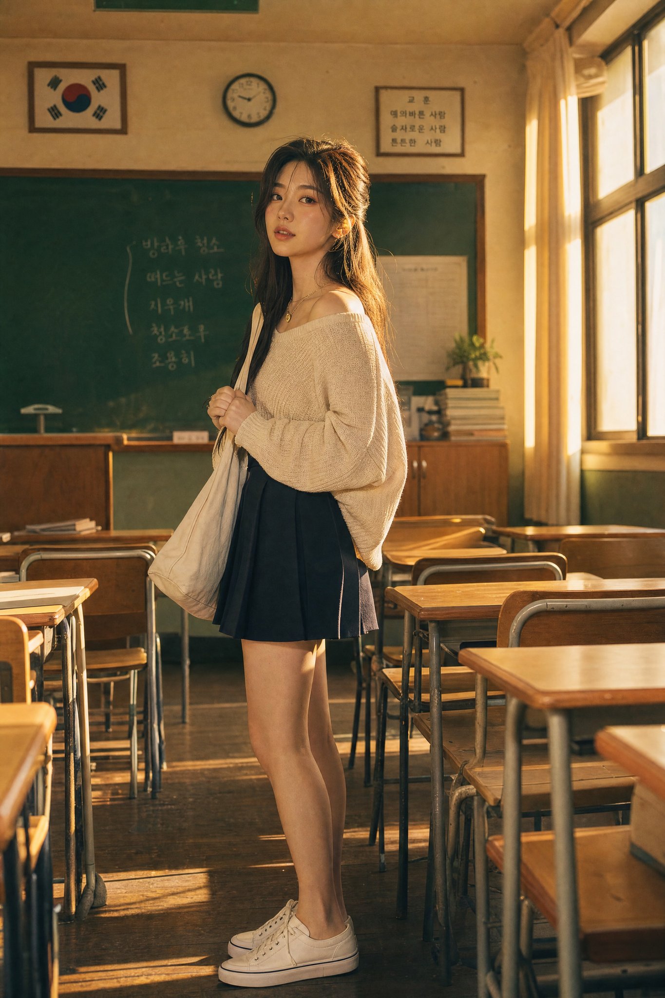 韩国教室金黄午后电影感胶片人像 / Korean Classroom Golden Hour Cinematic Portrait，人像与摄影，35mm、人像、电影感，案例输出图 2