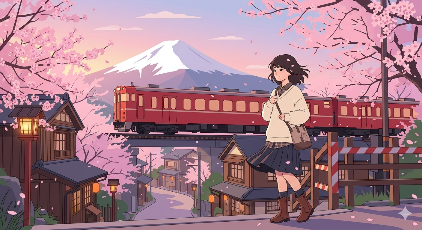 樱花季富士山下的红色列车与少女 / Japanese Sakura Train Anime Girl Cinematic，角色设计，35mm、电影感、时尚，案例输出图 2