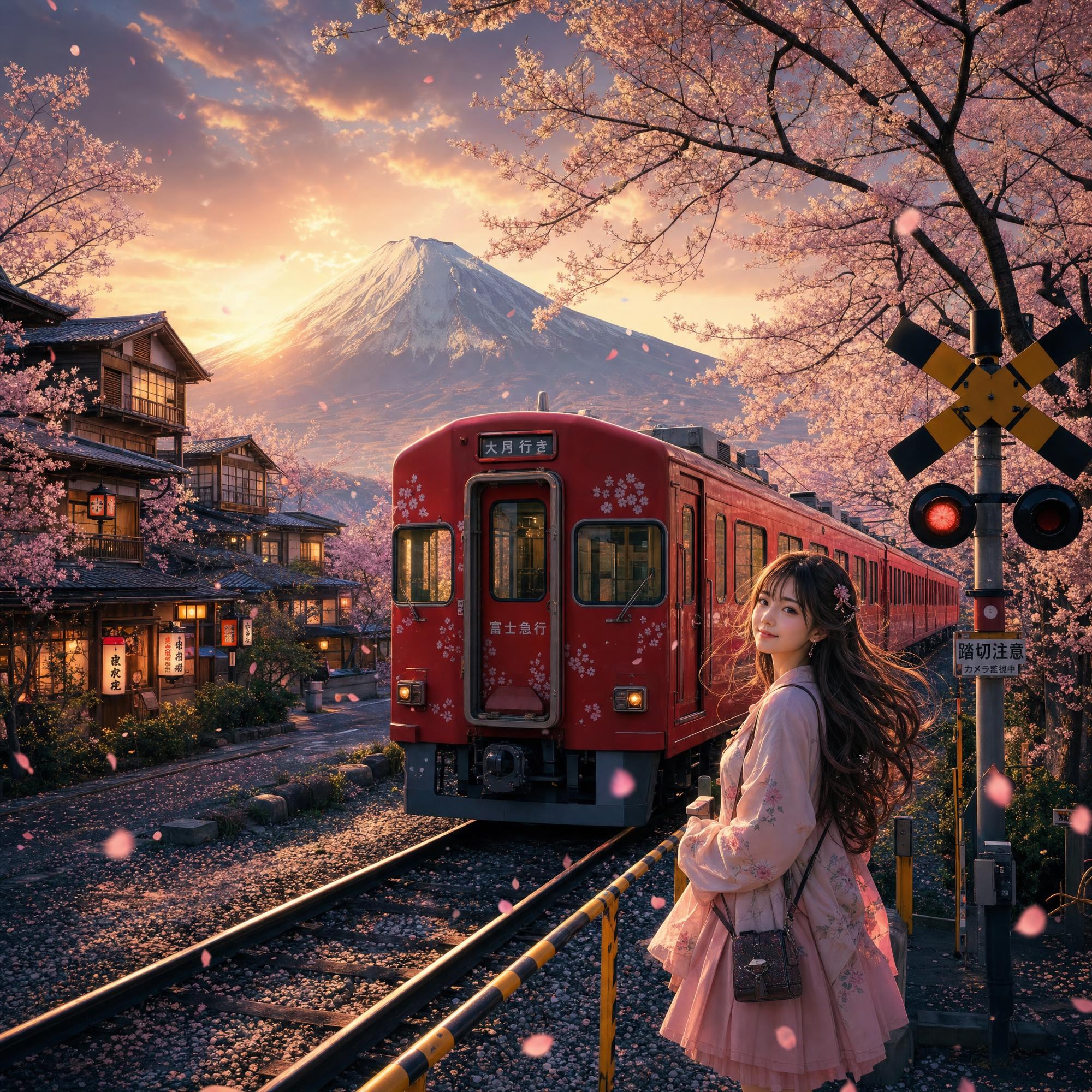 樱花季富士山下的红色列车与少女 / Japanese Sakura Train Anime Girl Cinematic，角色设计，35mm、电影感、时尚，案例输出图 1