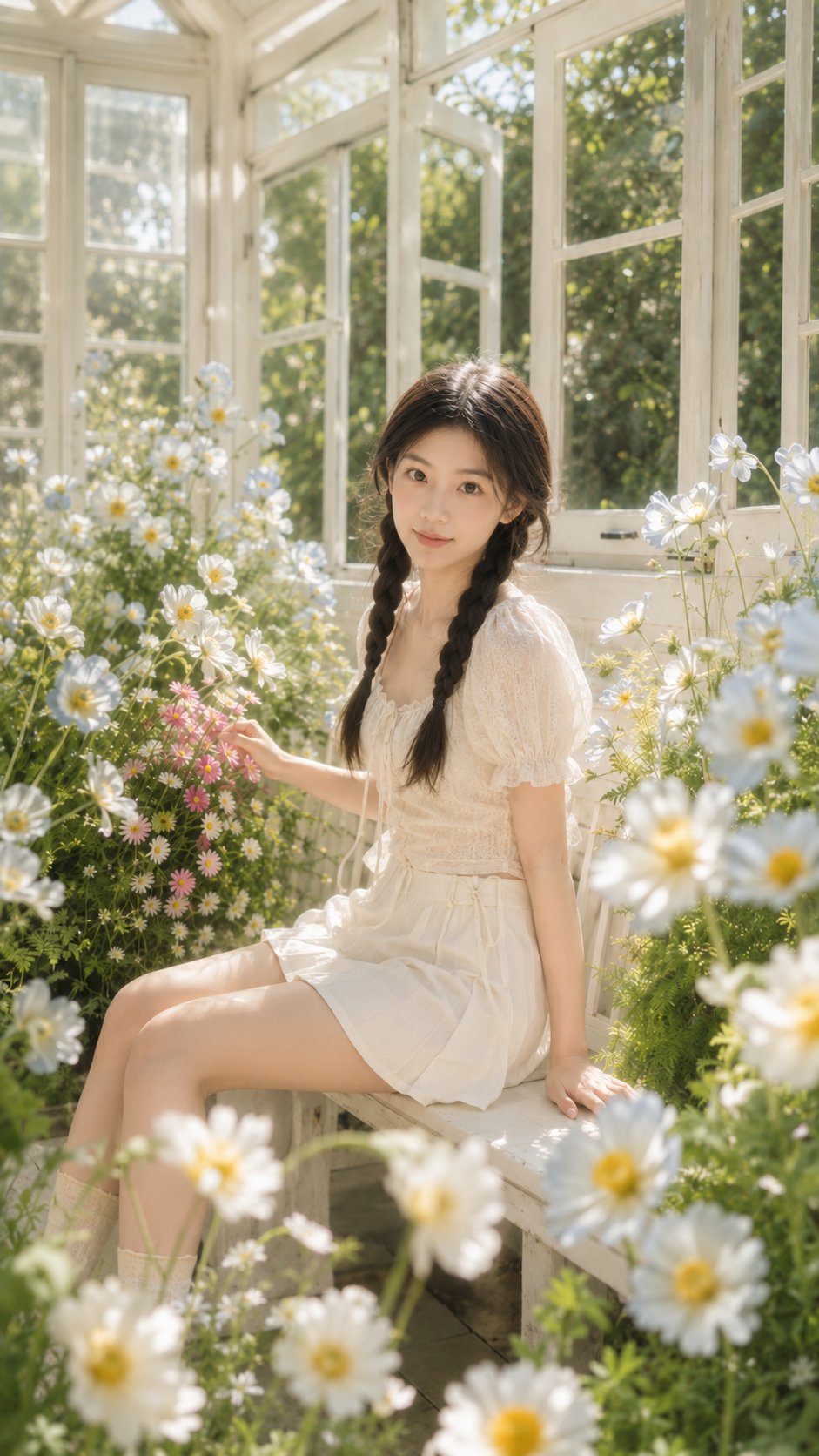 白色温室花卉背景真实质感人像摄影 / Realistic Portrait White Greenhouse Conservatory Ai Prompt，角色设计，人像、角色、二次元，案例输出图 2