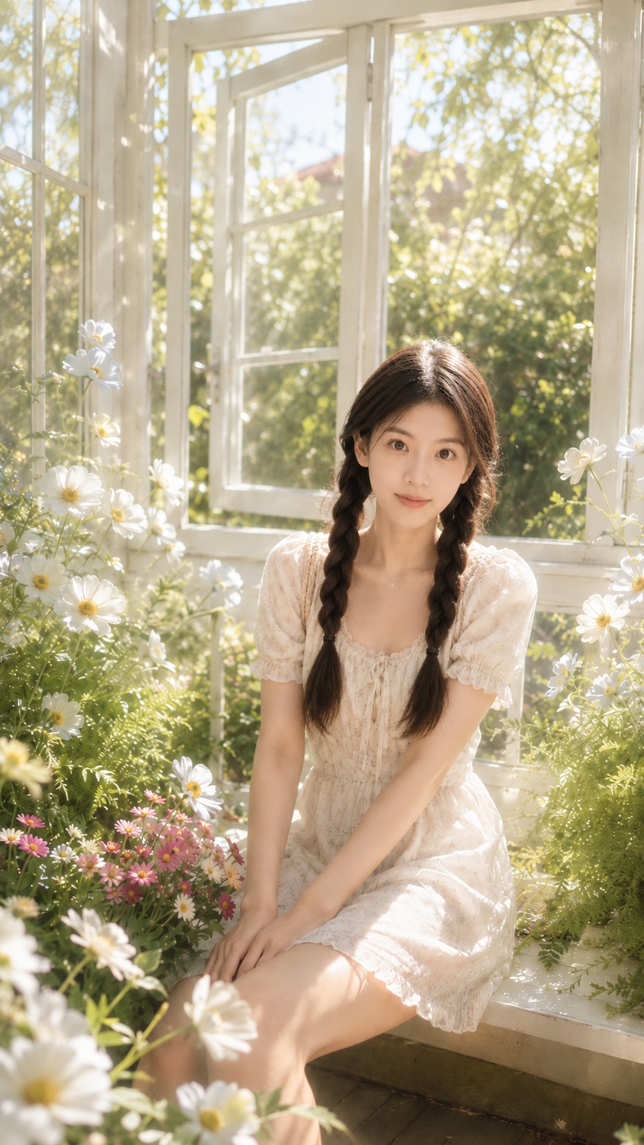 白色温室花卉背景真实质感人像摄影 / Realistic Portrait White Greenhouse Conservatory Ai Prompt,角色设计,人像、角色、二次元,案例输出图 1