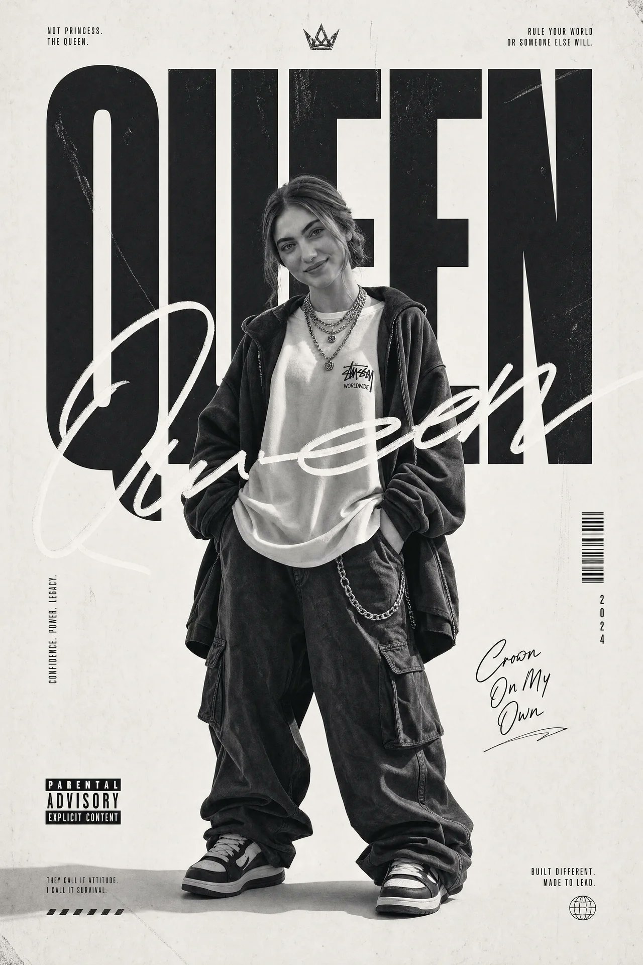 黑白街头服饰时尚编辑海报 / Monochrome Streetwear Editorial Poster 1779091041699,人像与摄影,人像、电影感、时尚,案例输出图 1