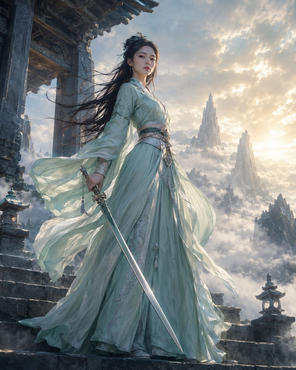 云海山门前的白衣仙侠女剑修 / Xianxia Female Sword Cultivator Mountain Gate，人像与摄影，人像、电影感、品牌，案例输出图 1