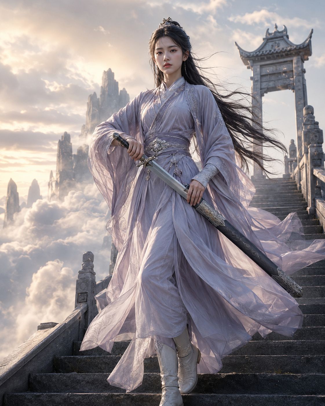 云海山门前的白衣仙侠女剑修 / Xianxia Female Sword Cultivator Mountain Gate，人像与摄影，人像、电影感、品牌，案例输出图 2