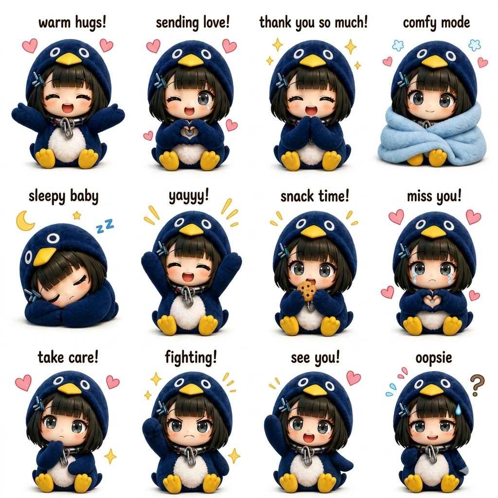 治愈系蓝企鹅兜帽Q版少女贴纸表情包 / Kawaii Chibi Penguin Hoodie Girl Sticker Sheet，角色设计，角色、二次元、排版，案例输出图 1