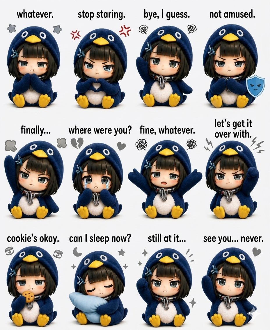 治愈系蓝企鹅兜帽Q版少女贴纸表情包 / Kawaii Chibi Penguin Hoodie Girl Sticker Sheet，角色设计，角色、二次元、排版，案例输出图 2