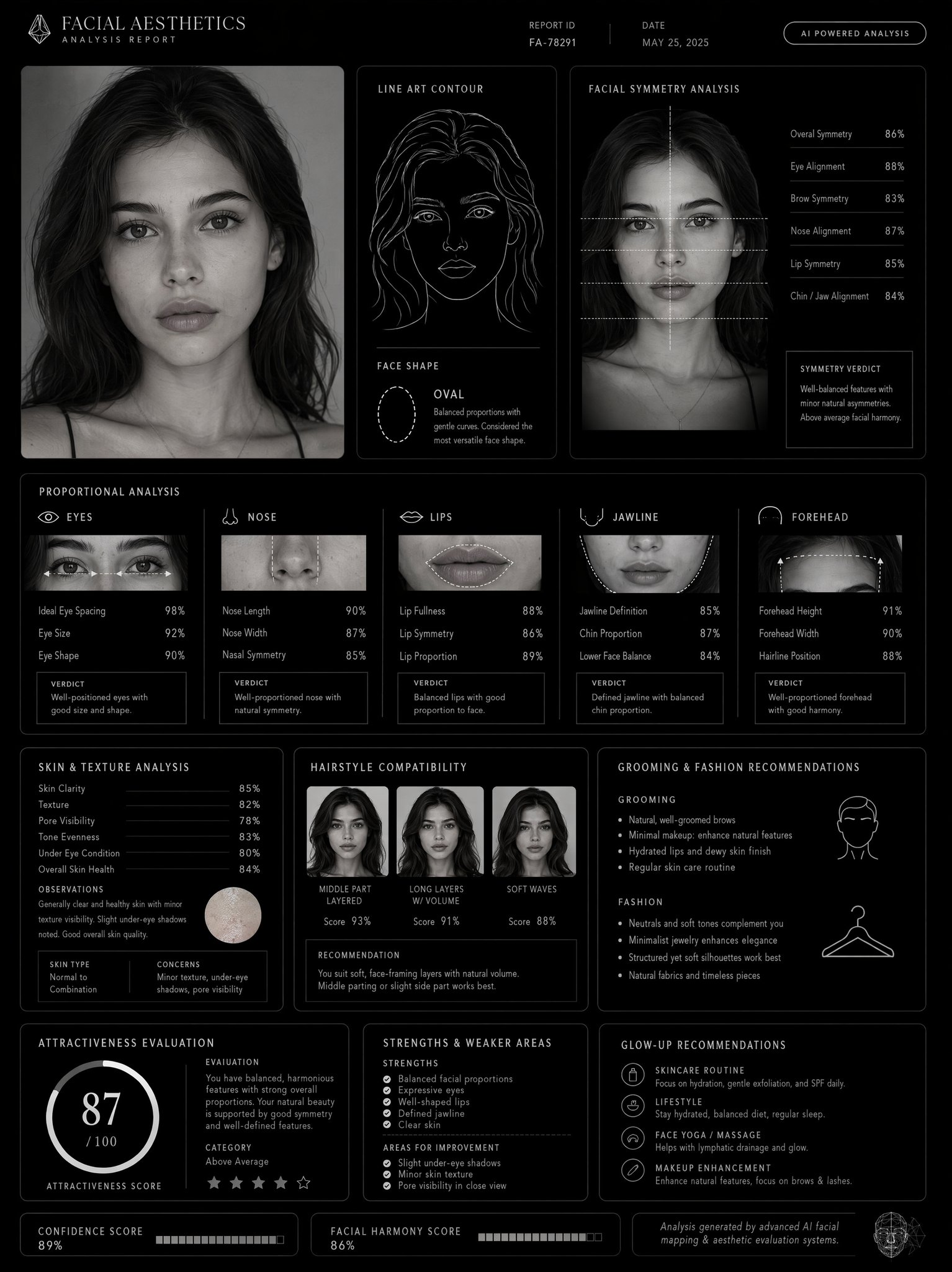 极简黑白高级感面部美学报告设计 / Luxury Facial Aesthetics Analysis Report，UI 与社交媒体截图，人像、电影感、时尚，案例输出图 1
