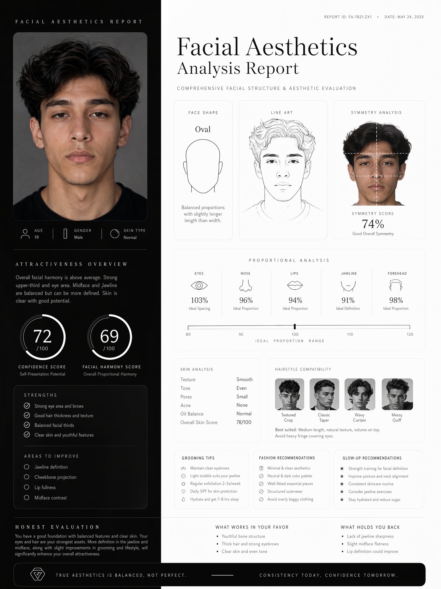极简黑白高级感面部美学报告设计 / Luxury Facial Aesthetics Analysis Report，UI 与社交媒体截图，人像、电影感、时尚，案例输出图 2
