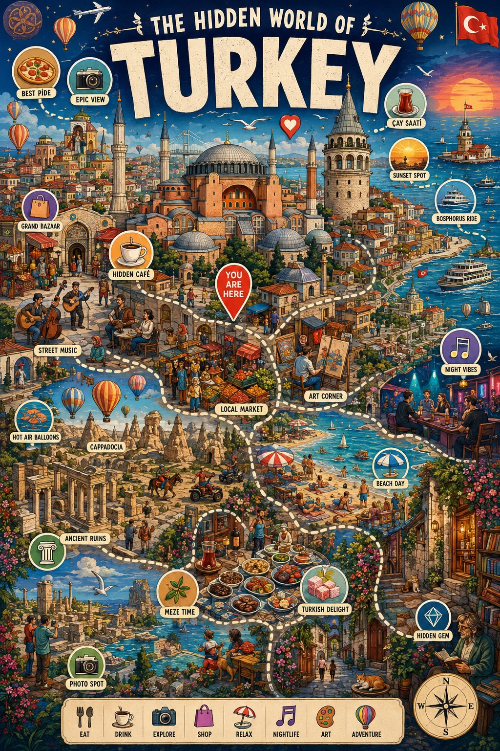 手绘城市微缩世界探索海报提示词 / Illustrated City Infographic Poster Prompt，角色设计，海报、插画、角色，案例输出图 1