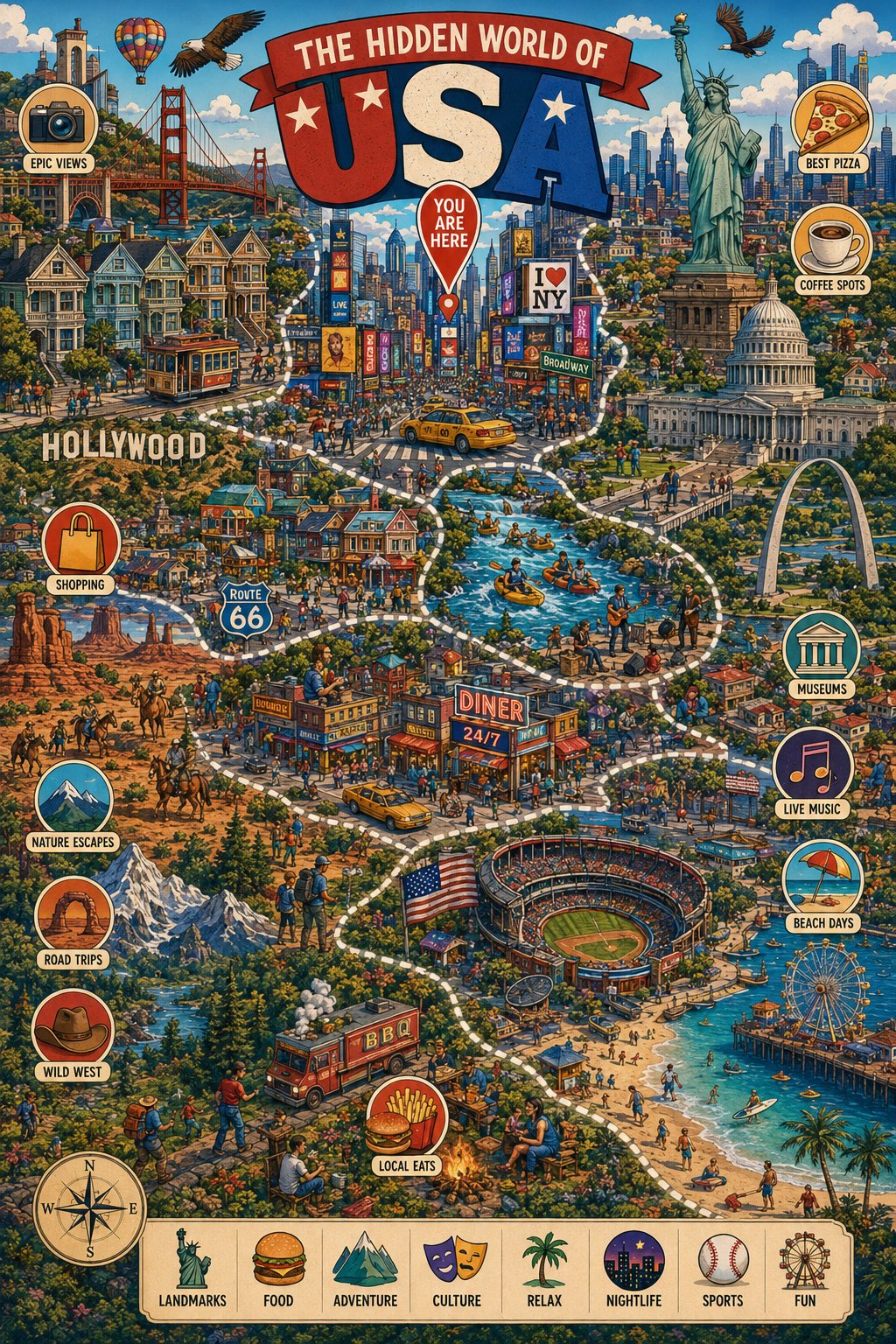 手绘城市微缩世界探索海报提示词 / Illustrated City Infographic Poster Prompt，角色设计，海报、插画、角色，案例输出图 2