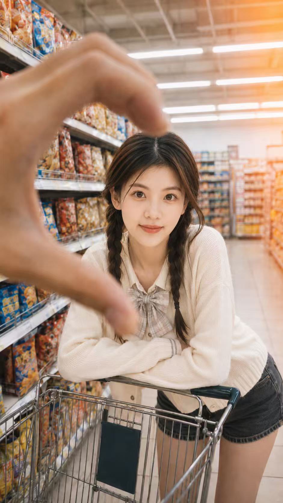 超市爱心框景治愈系少女日常 / Supermarket Candid Heart Frame Portrait，角色设计，35mm、人像、插画，案例输出图 1