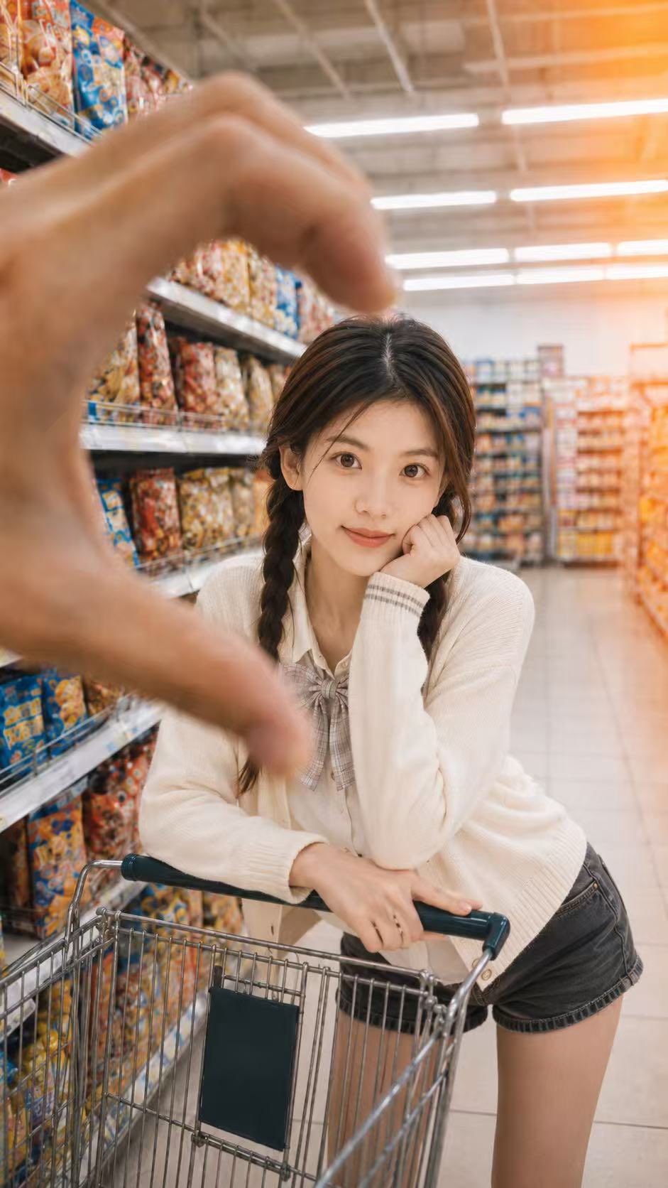 超市爱心框景治愈系少女日常 / Supermarket Candid Heart Frame Portrait，角色设计，35mm、人像、插画，案例输出图 2