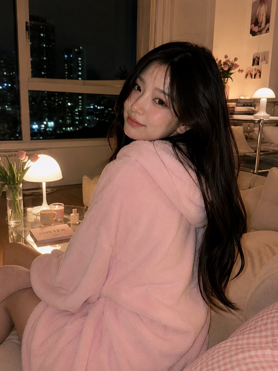 治愈系韩式客厅粉色卫衣少女 / Cozy Korean Living Room Portrait Pink Hoodie,人像与摄影,人像、电影感、时尚,案例输出图 1