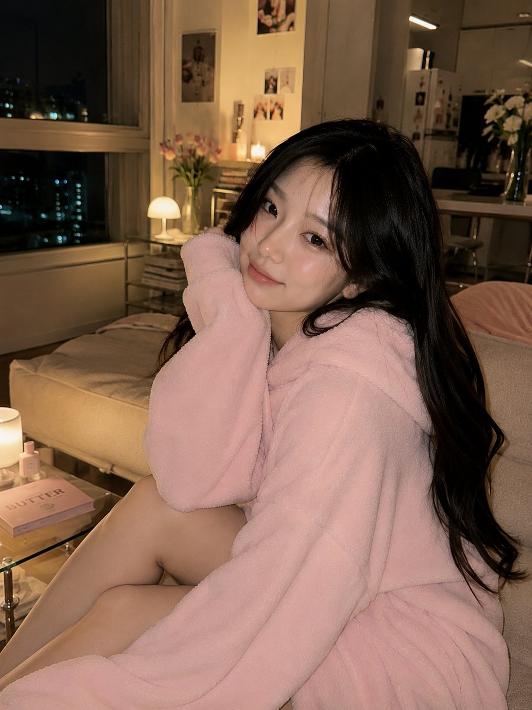 治愈系韩式客厅粉色卫衣少女 / Cozy Korean Living Room Portrait Pink Hoodie，人像与摄影，人像、电影感、时尚，案例输出图 2