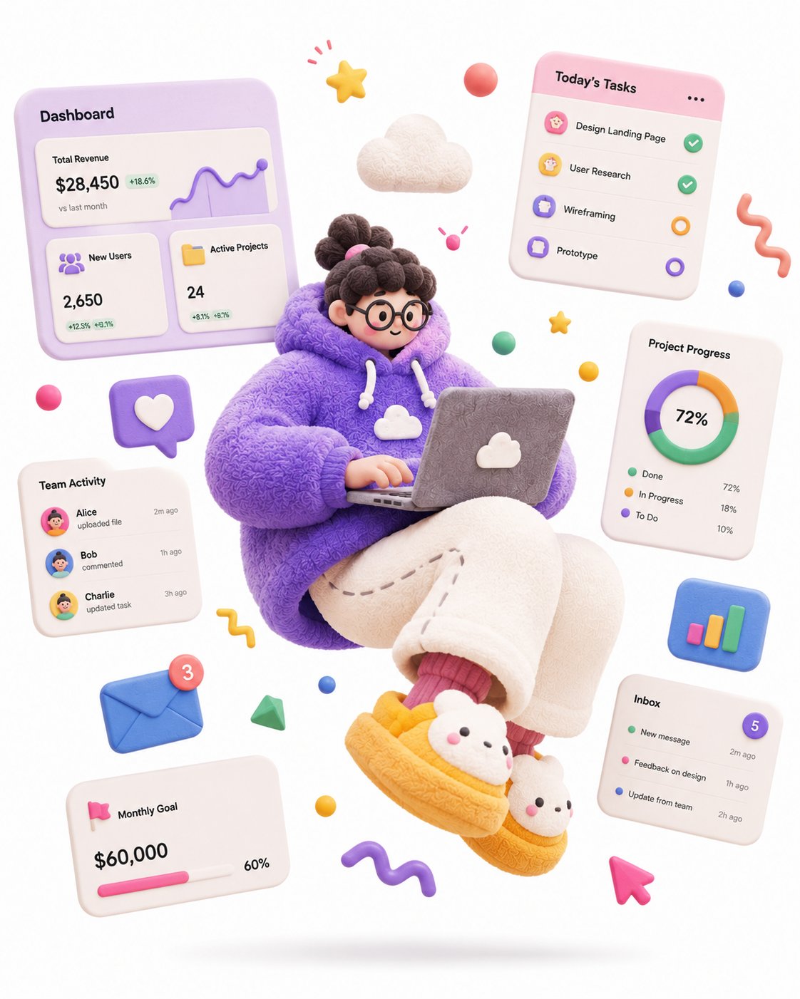 多巴胺粘土风SaaS设计师3D插画 / Clay Style Saas Designer 3d Illustration,UI 与社交媒体截图,时尚、插画、UI,案例输出图 1