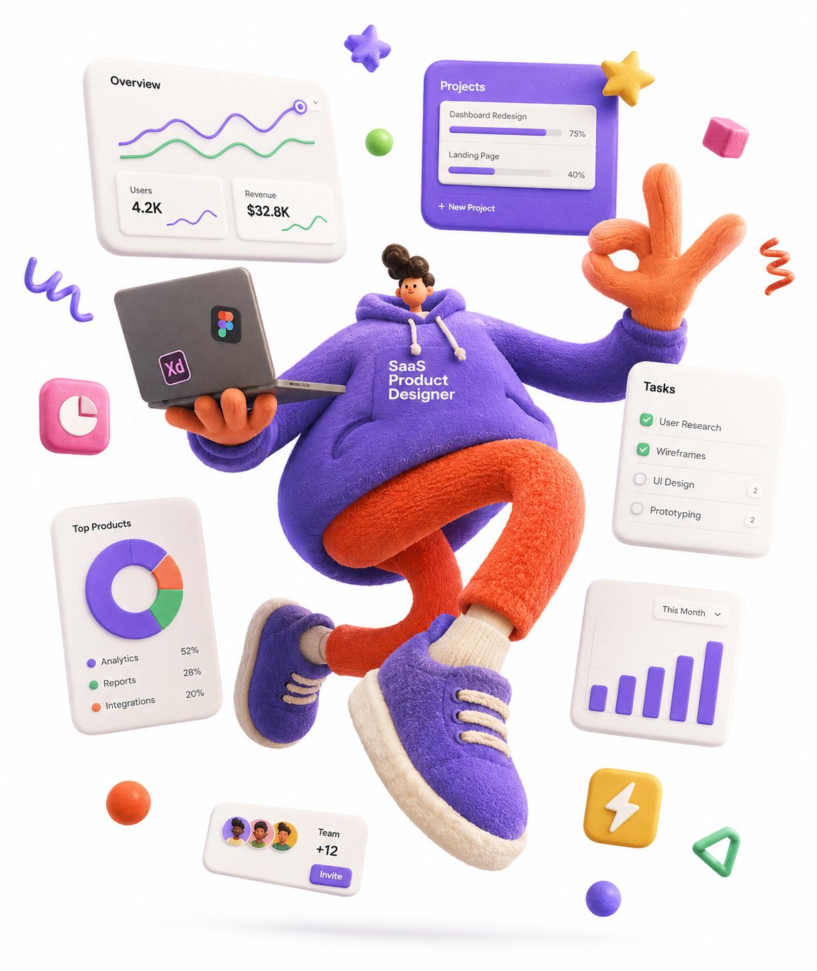多巴胺粘土风SaaS设计师3D插画 / Clay Style Saas Designer 3d Illustration，UI 与社交媒体截图，时尚、插画、UI，案例输出图 2