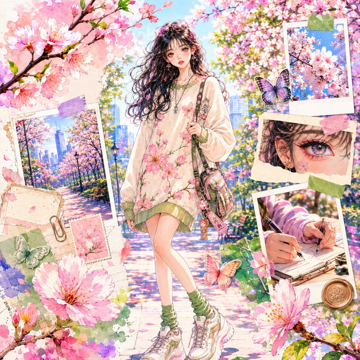 梦幻日韩水彩风春季樱花少女拼贴海报 / Dreamy Anime Girl Watercolor Fashion Collage，角色设计，电影感、时尚、海报，案例输出图 1