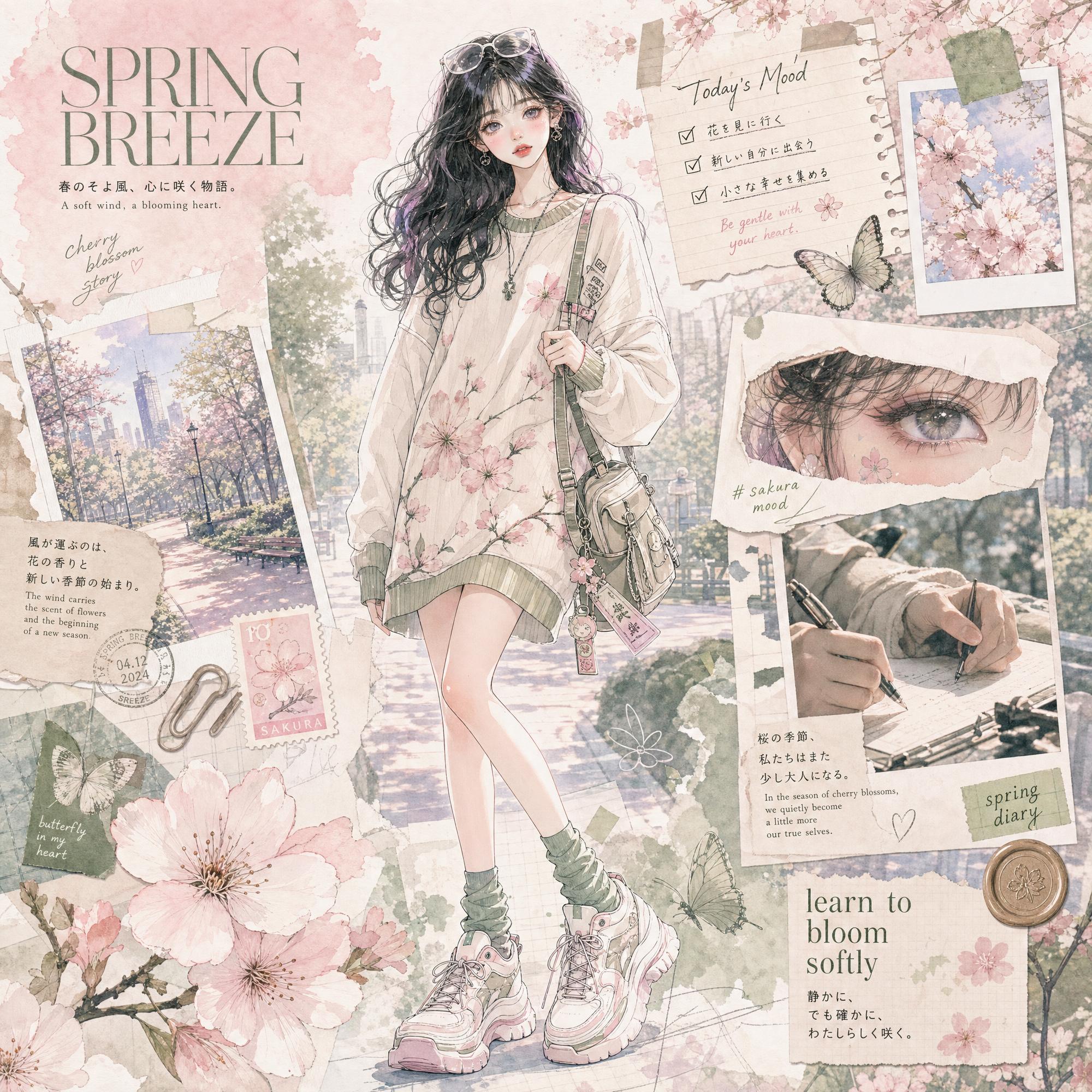 梦幻日韩水彩风春季樱花少女拼贴海报 / Dreamy Anime Girl Watercolor Fashion Collage，角色设计，电影感、时尚、海报，案例输出图 2