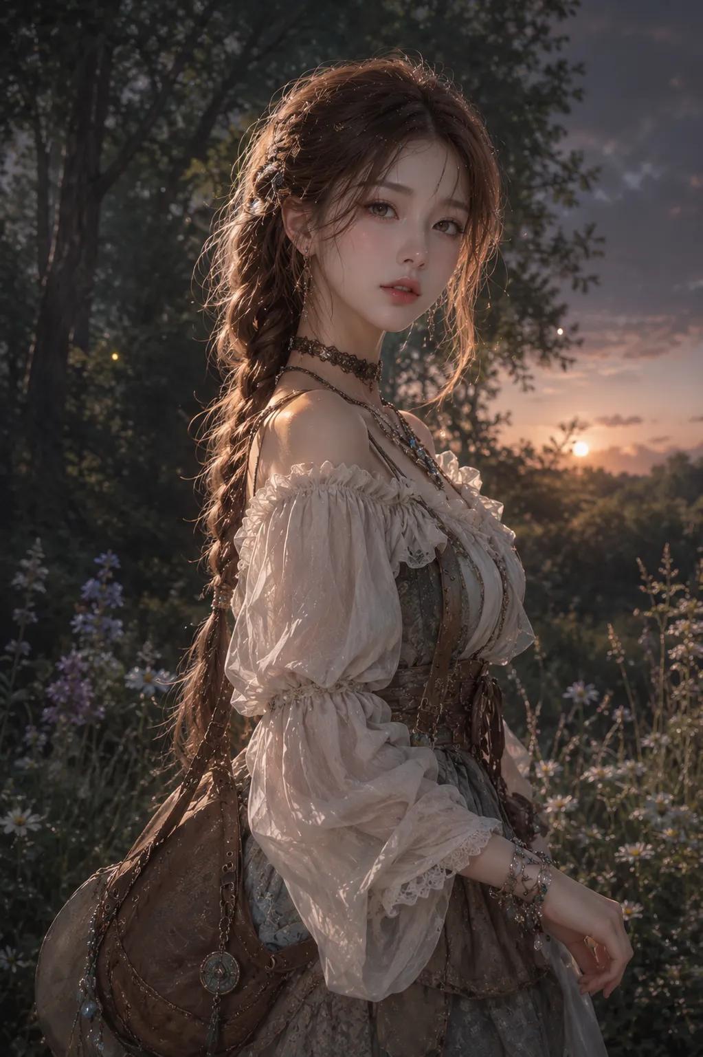 暮色森林中编发的韩国少女 / Semi Realistic Anime Korean Woman Forest Dusk,角色设计,角色、二次元、角色设计,案例输出图 1