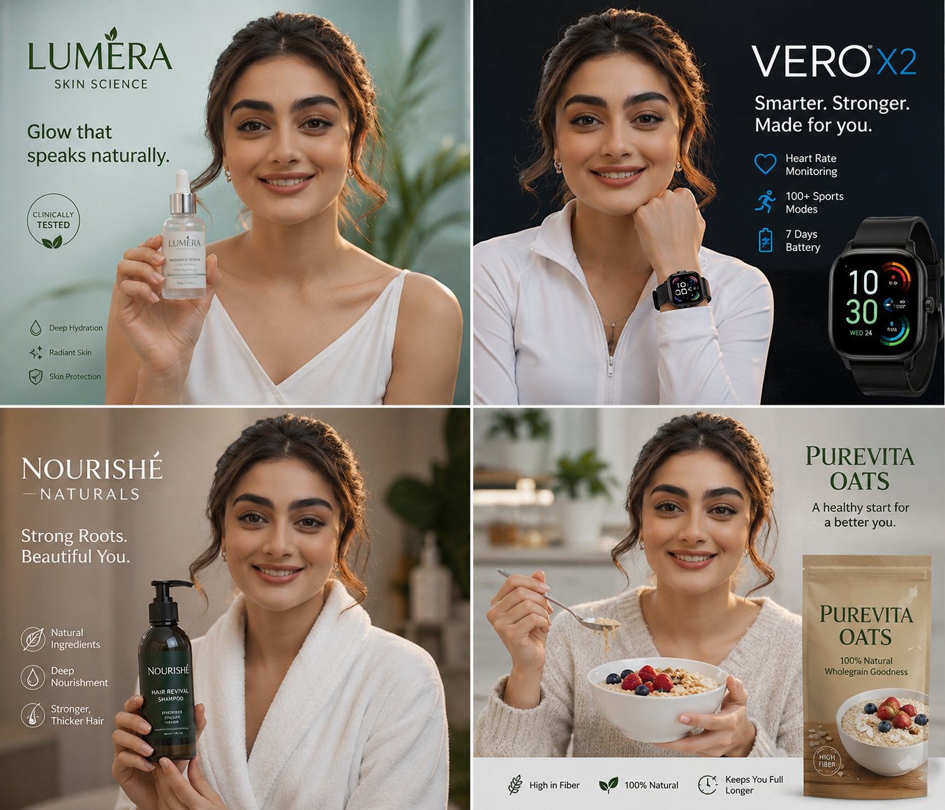 南亚模特四格商业广告创意拼图 / South Asian Model Commercial Ad Collage，模型对比与社区，极简、排版、产品图，案例输出图 1