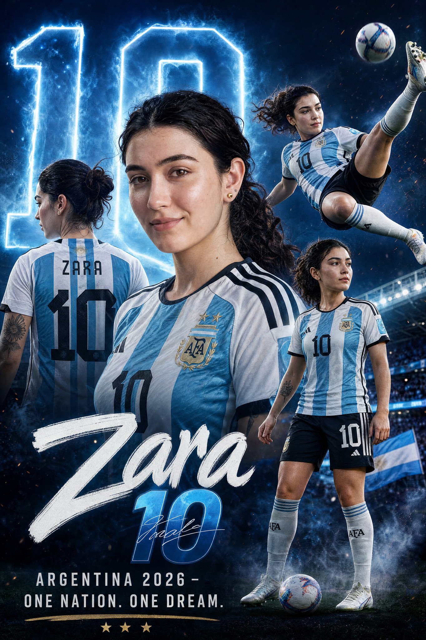 阿根廷十号写实运动足球海报 / Argentina 10 Zara Cinematic Football Poster，人像与摄影，霓虹、人像、电影感，案例输出图 1