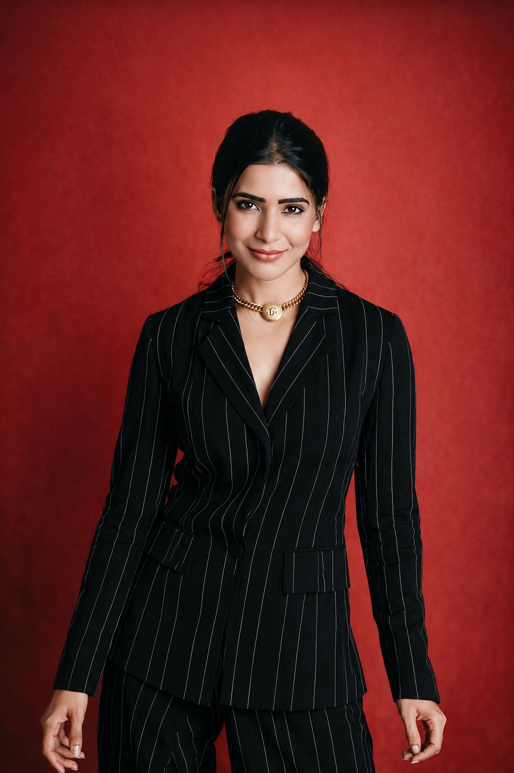 深蓝条纹西装女性红色背景棚拍人像 / Female Studio Portrait Navy Striped Pantsuit,人像与摄影,人像、电影感、极简,案例输出图 1