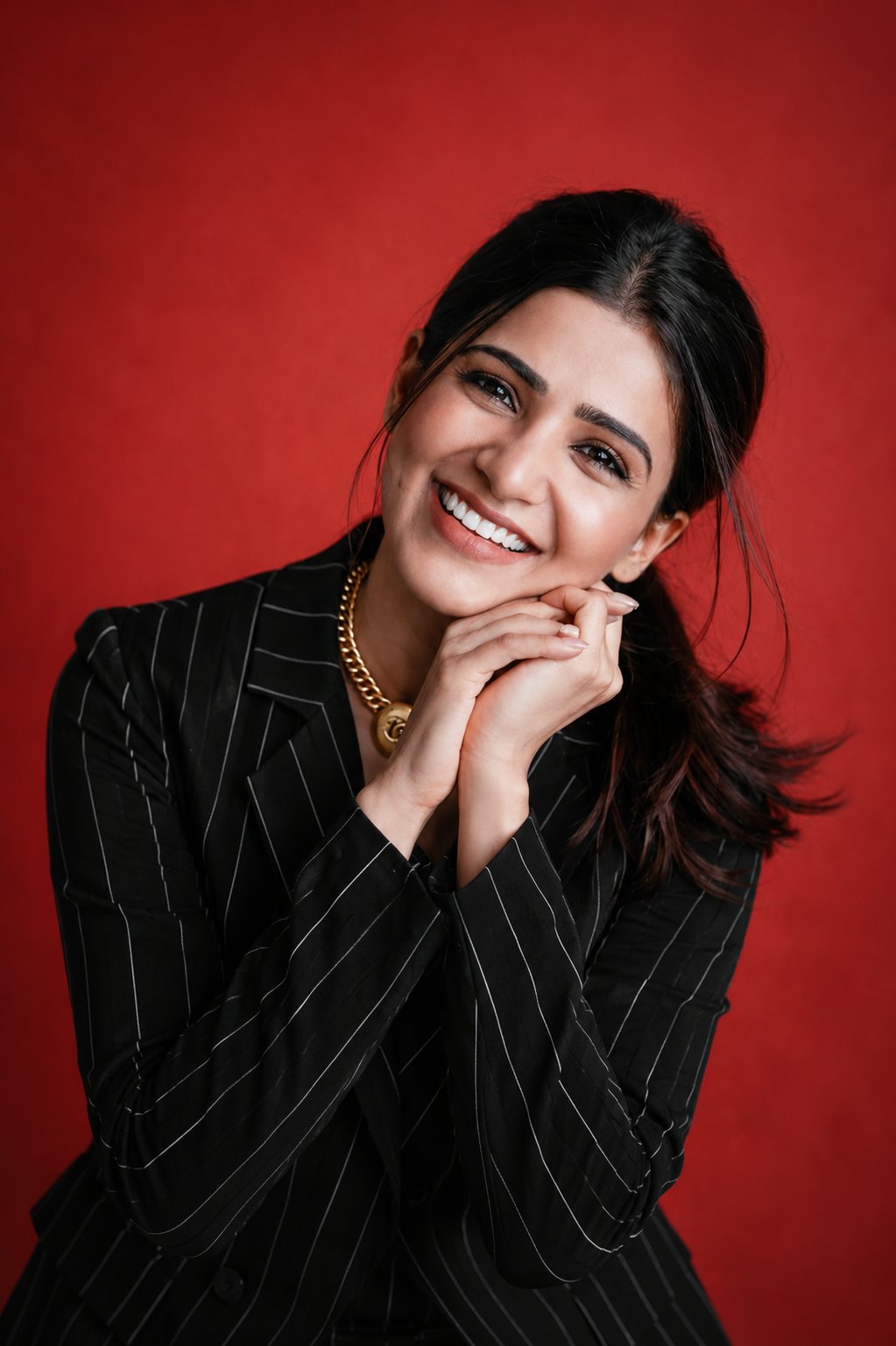 深蓝条纹西装女性红色背景棚拍人像 / Female Studio Portrait Navy Striped Pantsuit，人像与摄影，人像、电影感、极简，案例输出图 2